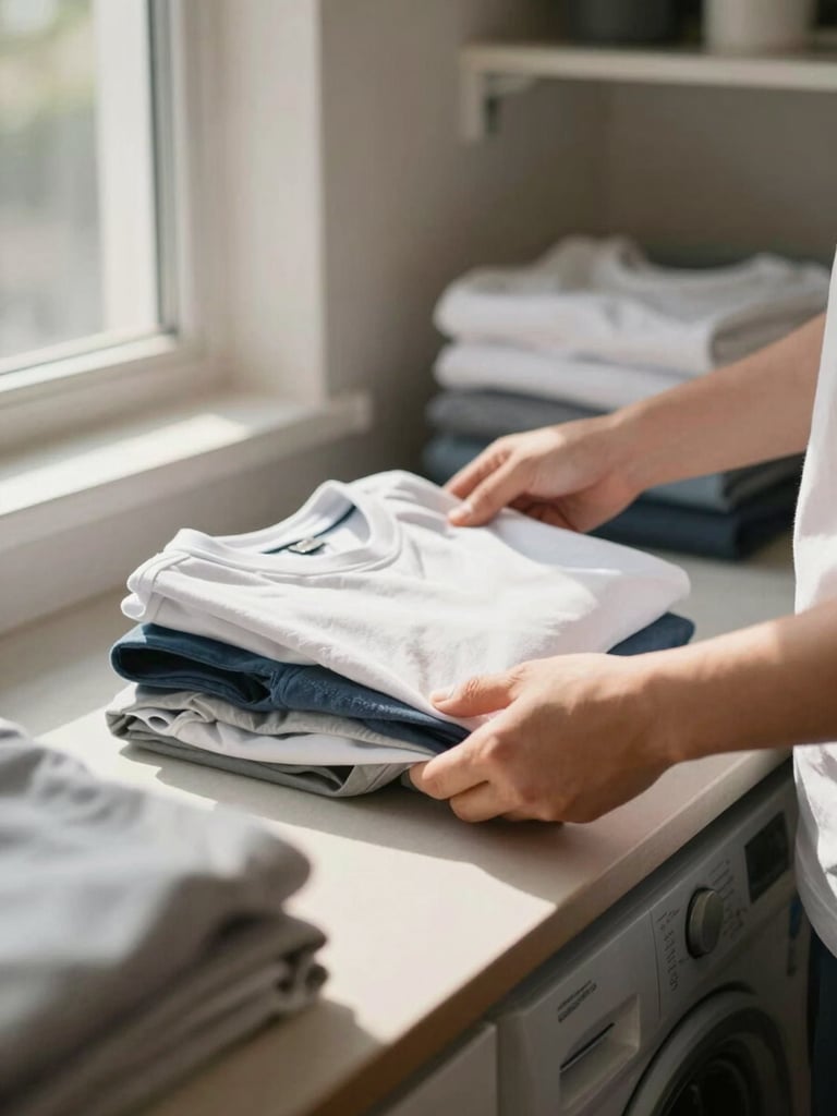 Close environmental shot of a laundry service workspace interior — hands carefully placing folded shirts onto a counter surface, natural window light from the left casting soft shadows, warm neutral tones, no faces visible