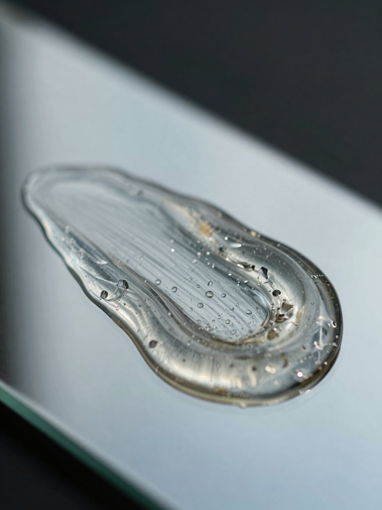 Macro portrait shot of viscous clear serum resting on a glass surface, soft diffused natural daylight highlighting the dense texture and purity of the liquid, dark background.