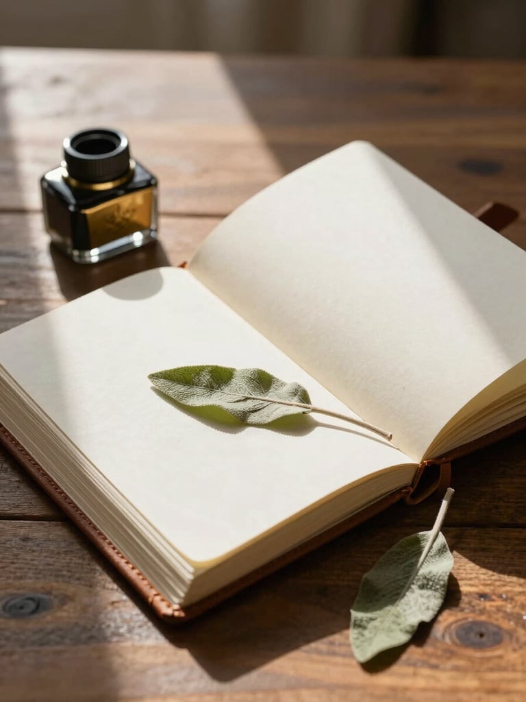 Diffused morning sunlight spilling over an open leather-bound journal, dried sage leaves, and a vintage brass inkwell on a wooden desk