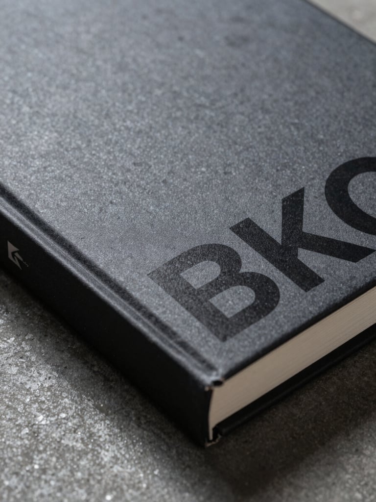 Extreme close-up of a textured matte book cover with bold technical typography, sharp shadows, resting on a dark concrete surface.