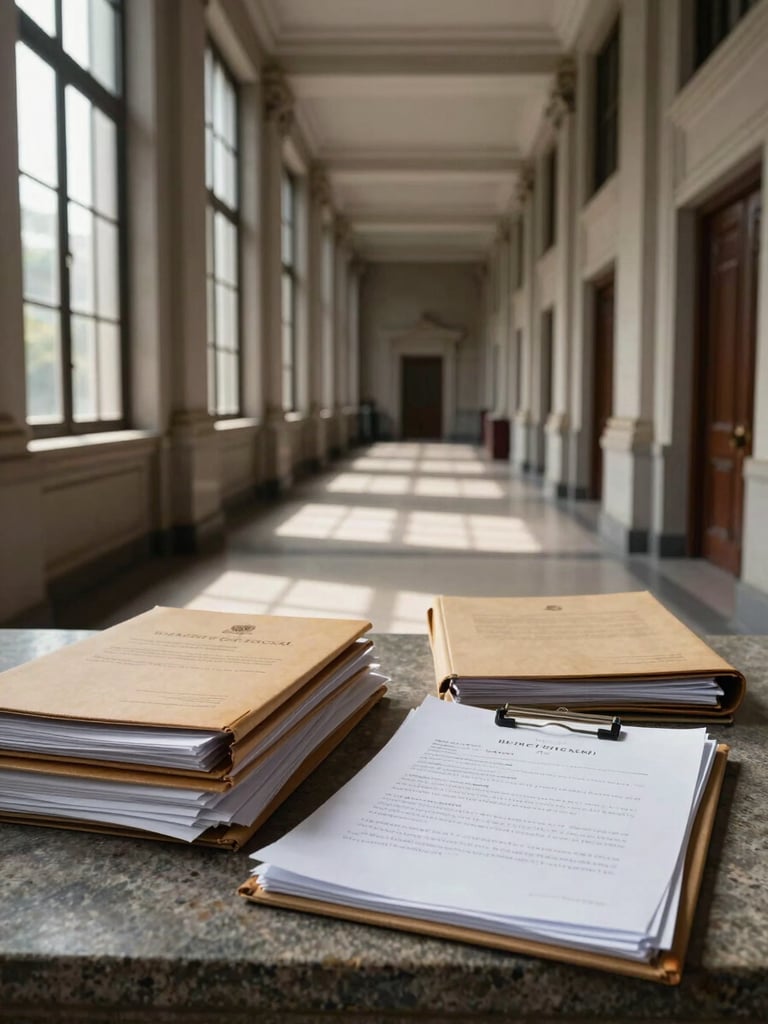 Wide institutional corridor of an Argentine courthouse, diffuse morning light filtering through tall windows, legal folders and stamped documents stacked on a stone ledge in the foreground, no people, austere architectural depth