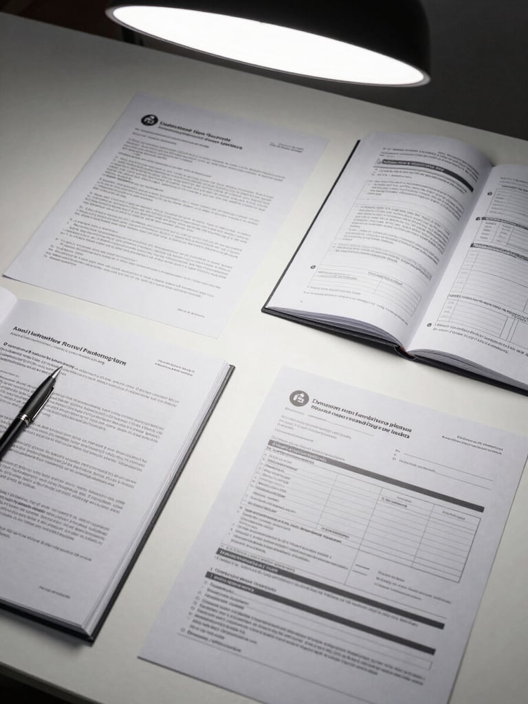 Overhead flat-lay of regulatory PIF documentation files and printed compliance forms spread across a bright white desk, a pen resting on an open dossier, controlled studio lighting from above, sharp detail on text and page structure