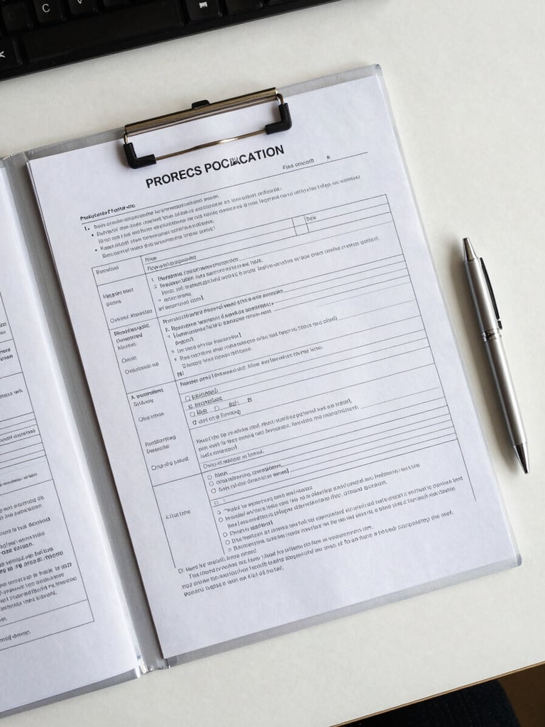 Overhead flat-lay on a lit desk: printed regulatory documents and a Product Information File binder open to a technical page, a pen resting beside it, north-facing daylight, precise and orderly