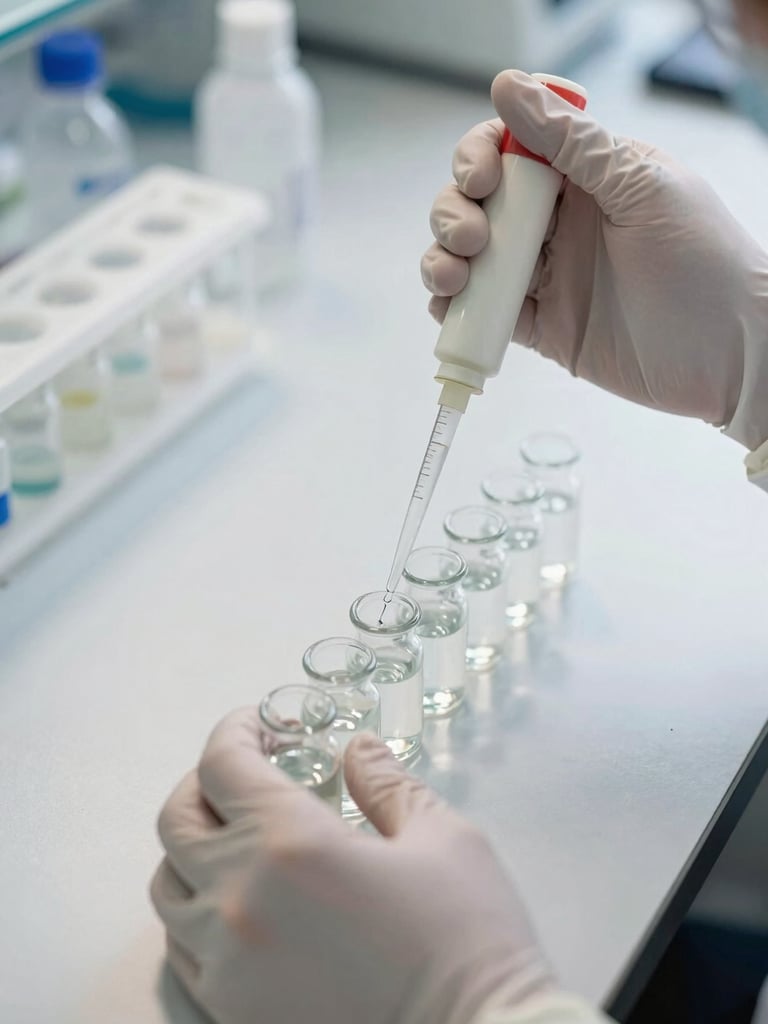 Overhead close-up of a laboratory bench, hands in gloves pipetting liquid into a row of small glass vials, precise measured volumes, bright north-facing daylight, clinical white surface, no clutter