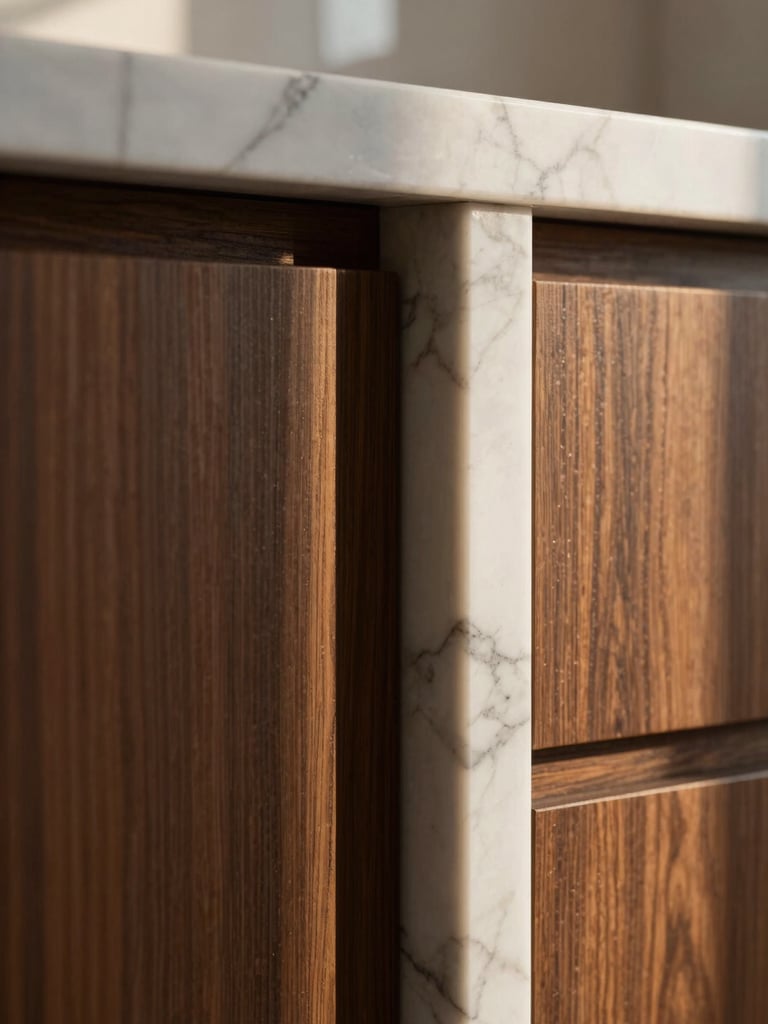 A close-up macro detail shot of premium texture transitions in a modern Riyadh residence. A flawless seamless joint where smooth, polished marble alternative meets dark brushed oak wood paneling. Dramatic side lighting highlighting the rich textures and precise craftsmanship. Luxury architectural photography, 35mm.