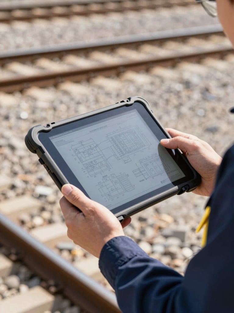 Close-up of a technician holding a rugged tablet device on-site showing technical schematics, railway tracks blurred in background, bright direct daylight