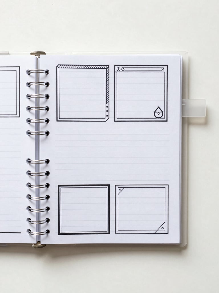 Overhead flat-lay of a structured study binder with clean dividers, high-contrast black ink diagrams, bright neutral daylight