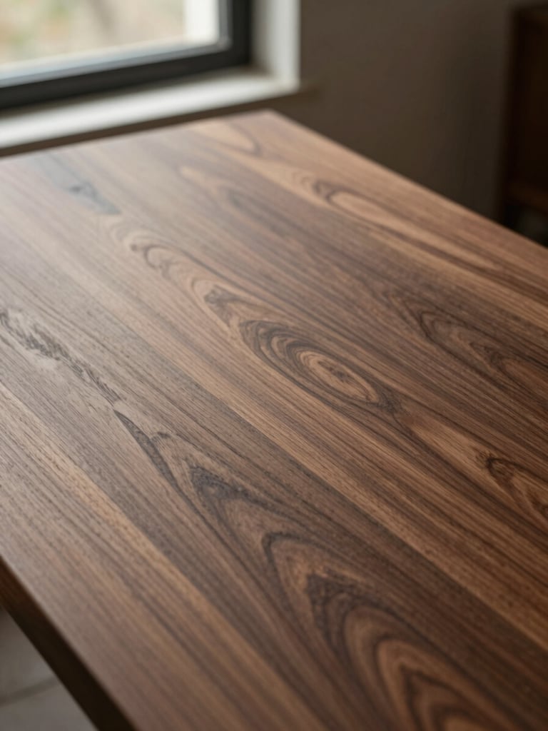Close-up of hand-planed Oregon black walnut table top, rich grain details, warm editorial photography, natural afternoon window light, muted earthy tones, medium format film, soft shadows