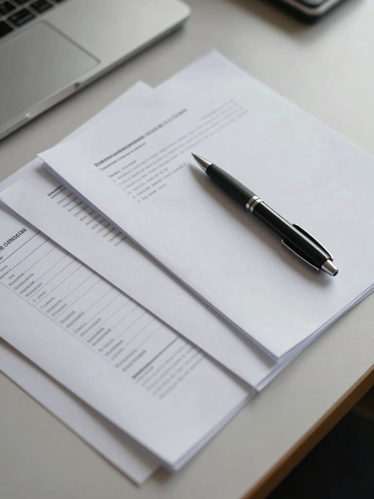 Close-up overhead shot of organized papers and a pen resting on a structured desk surface under even neutral studio lighting, documents neatly aligned, a keyboard visible at the edge
