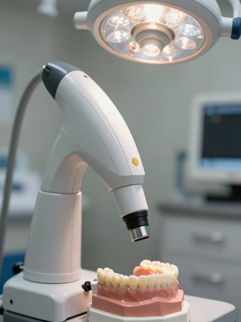 Close-up of a dental intraoral scanner head positioned over a dental model on a clinical workstation, sharp clinical overhead lighting, equipment detail in foreground with blurred treatment room environment behind