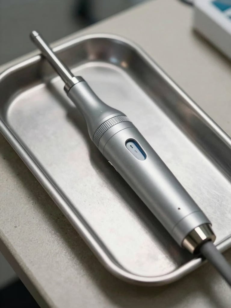 Close-up overhead shot of a dental intraoral scanner handpiece resting on a sterile clinical tray, precise instrument detail visible, even bright clinical lighting, muted stone surface beneath, no hands, no patient
