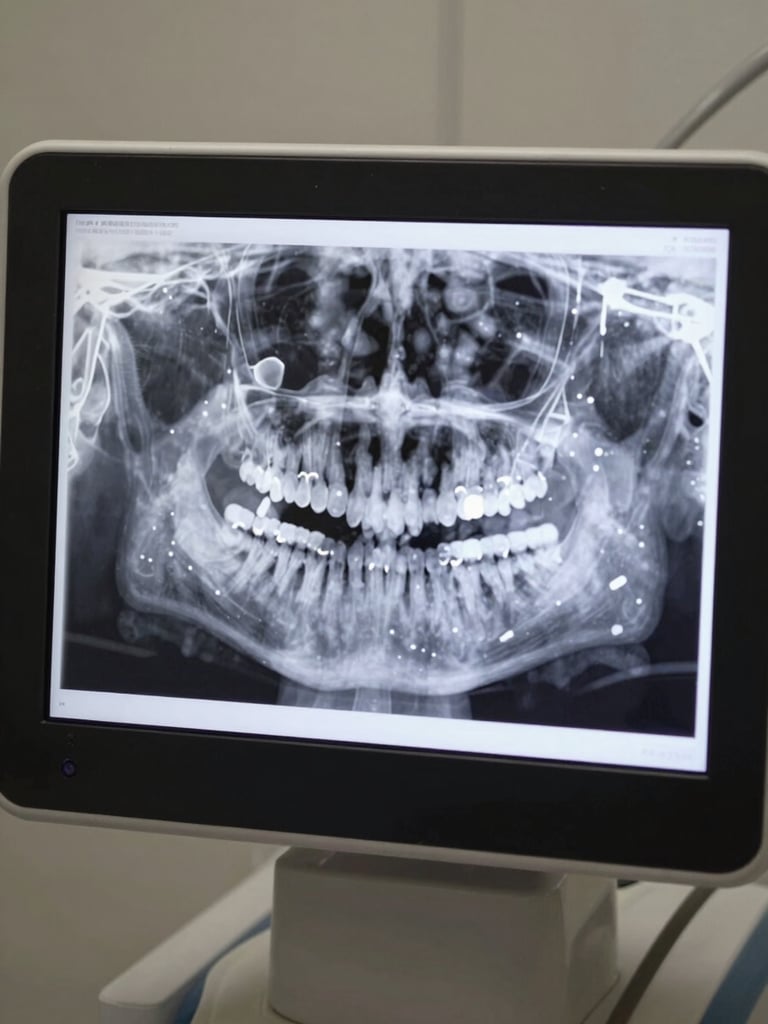 Close-up overhead shot of a CBCT dental imaging workstation screen displaying a three-dimensional jaw cross-section scan, bone density markers visible, clinical white light, no hands or faces in frame
