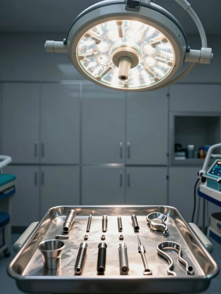 Environmental shot of a dental surgical operatory, sterile instrument tray laid out in precise order under bright overhead surgical light, implant components and guided stent visible, anthracite cabinetry in background, no patient or staff present