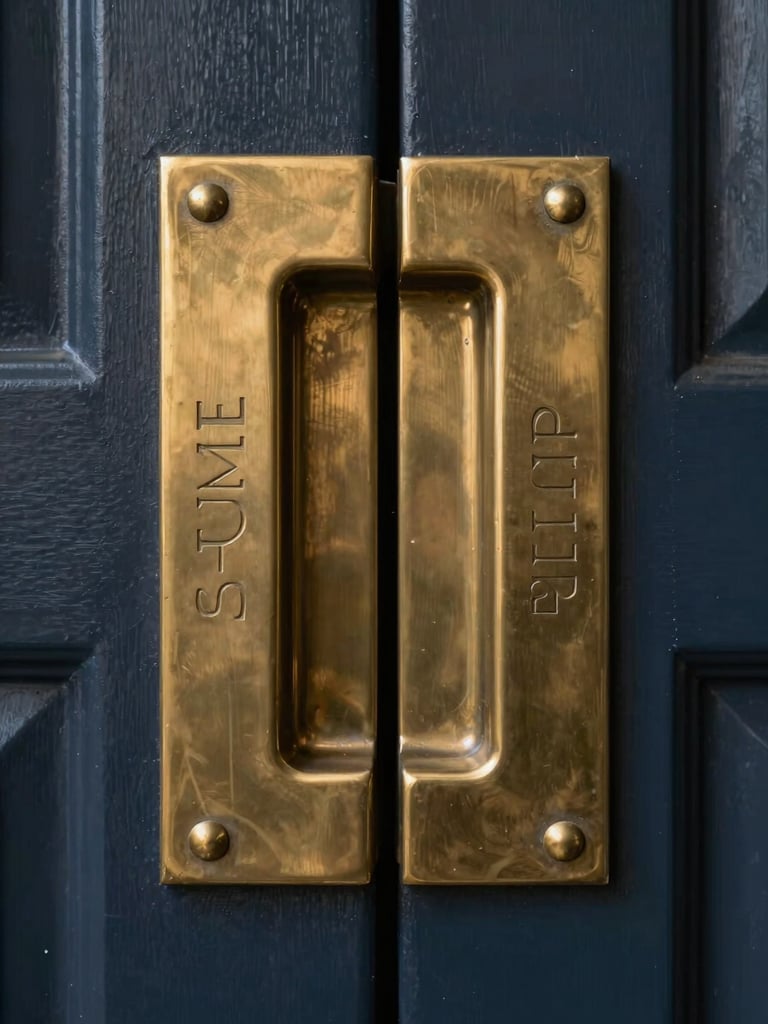 Close-up of a heavy brass door plate on dark navy-painted millwork, north-facing studio light, symmetrical framing, fine engraved lettering partially visible, deep shadow in the recesses, no warmth filter