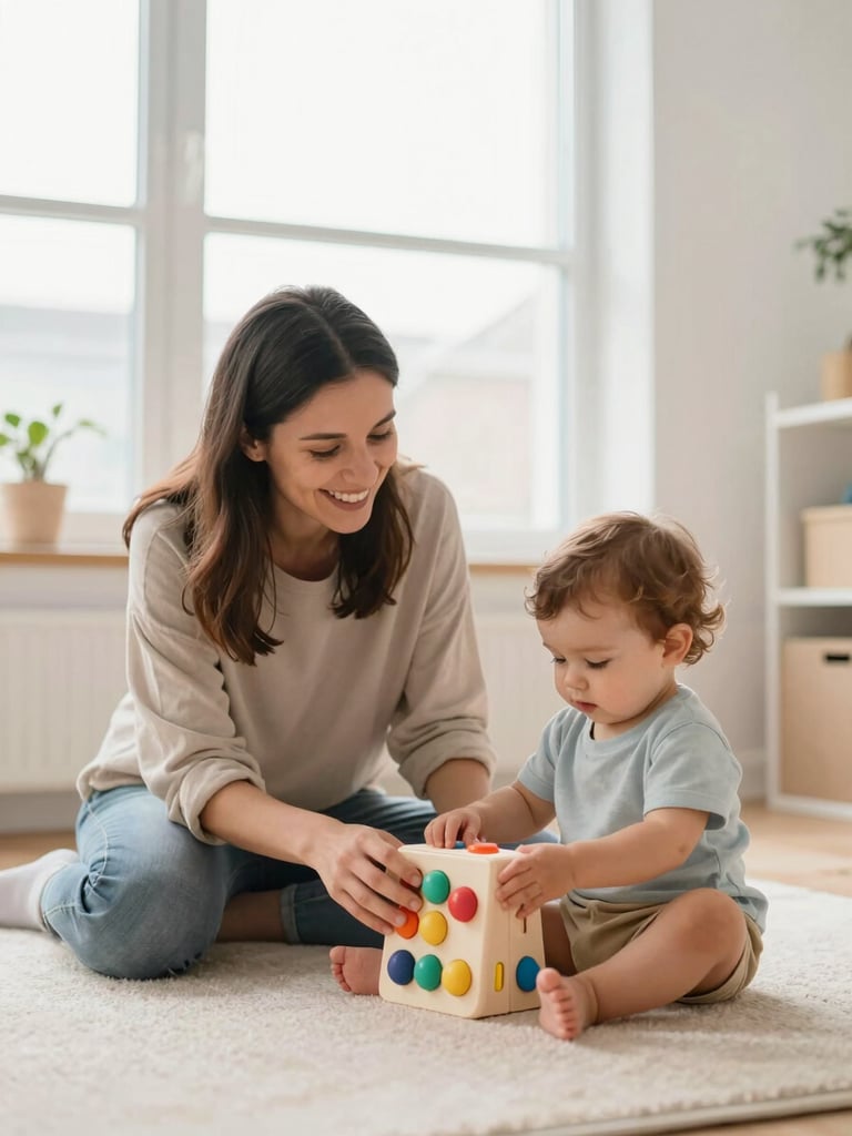 Warm, candid photograph of an early childhood educator smiling and guiding a toddler with a sensory puzzle, bright natural window light, clean modern playroom