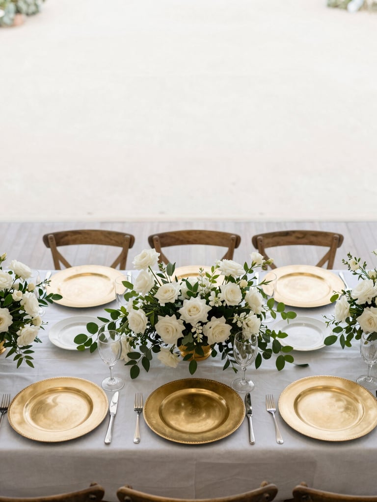 Overhead portrait view of an elegantly set banquet table — white linen, gold-rimmed charger plates, tall white floral centerpieces with trailing greenery — shot in soft north-facing daylight, generous negative space above
