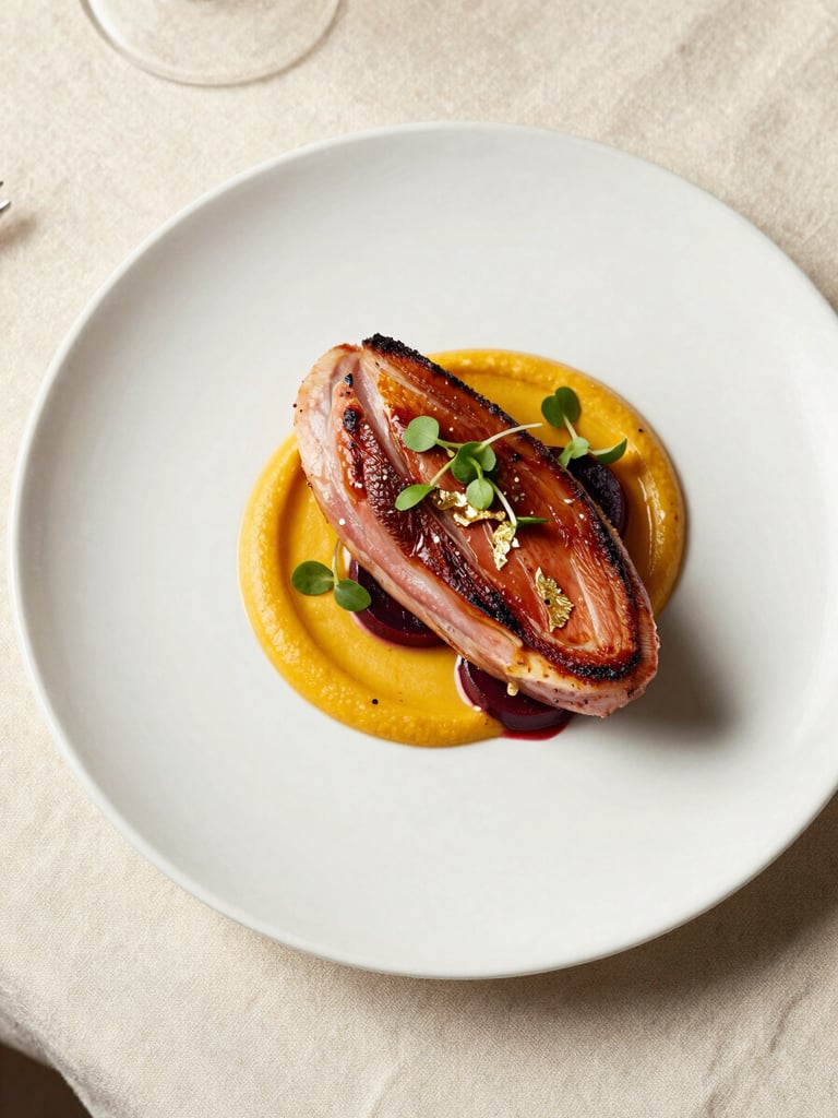 Overhead close study of a single plated main course — pan-seared duck breast fanned over a golden beet purée, microgreens and edible gold leaf accent, white porcelain plate on ivory linen, soft diffused north-facing daylight