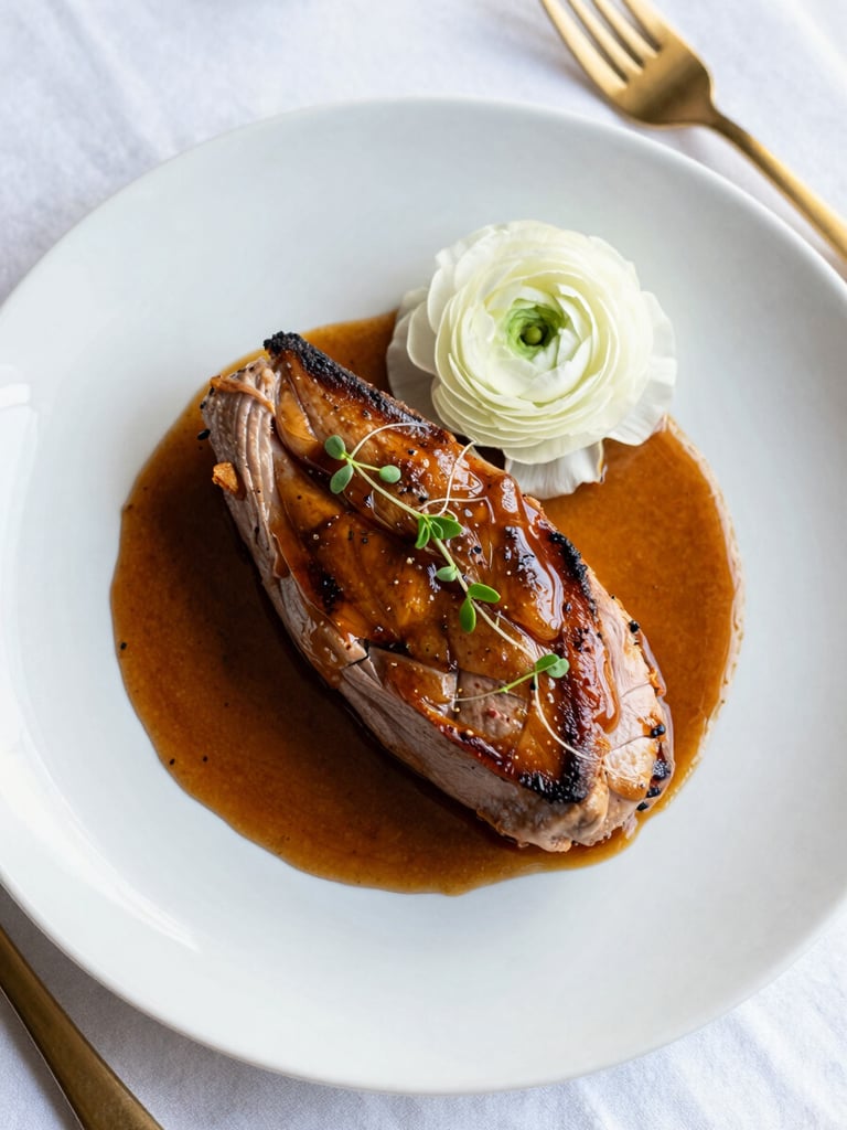 Overhead close-up of a single luxury plated main course on a white porcelain plate — seared duck breast fanned across a pool of amber jus, edged with micro herbs and a single white ranunculus petal placed deliberately at the rim, gold flatware resting beside the plate on white linen, soft diffused natural light from the left, no people