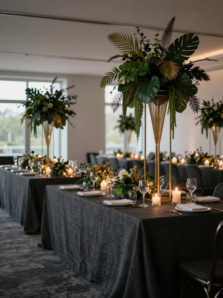 Wide environmental shot of a corporate gala table arrangement, dark charcoal linen, architectural floral sculptures in deep green and gold, candlelight, diffused evening light, empty room before guests arrive