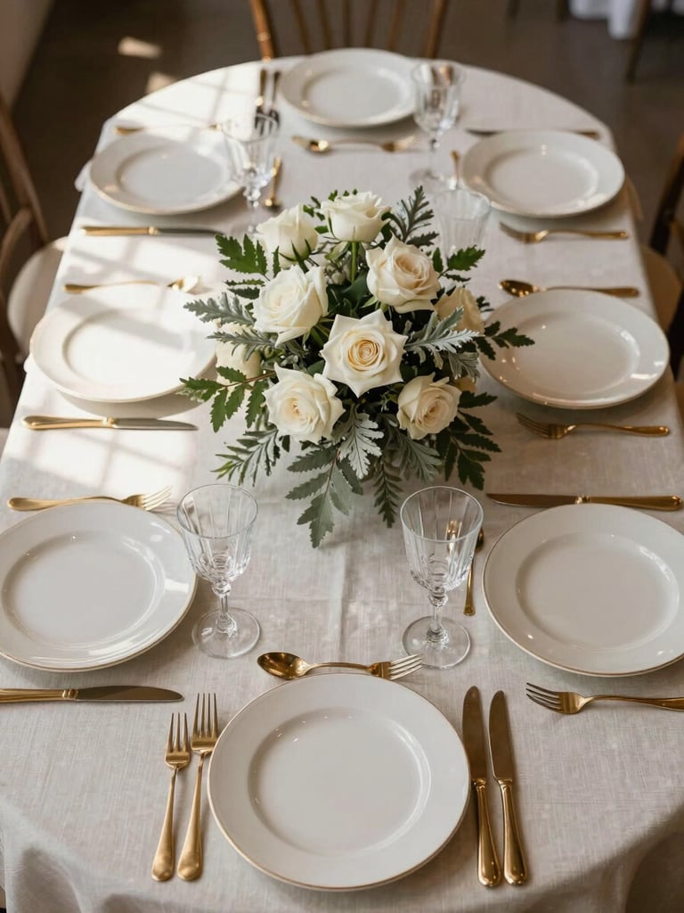 Overhead editorial study of a luxury wedding reception table at rest — ivory charger plates, gold flatware, a low botanical centerpiece of white garden roses and dusty miller, ivory linen, crystal water glasses catching diffused window light from the left, full table visible with symmetrical place settings