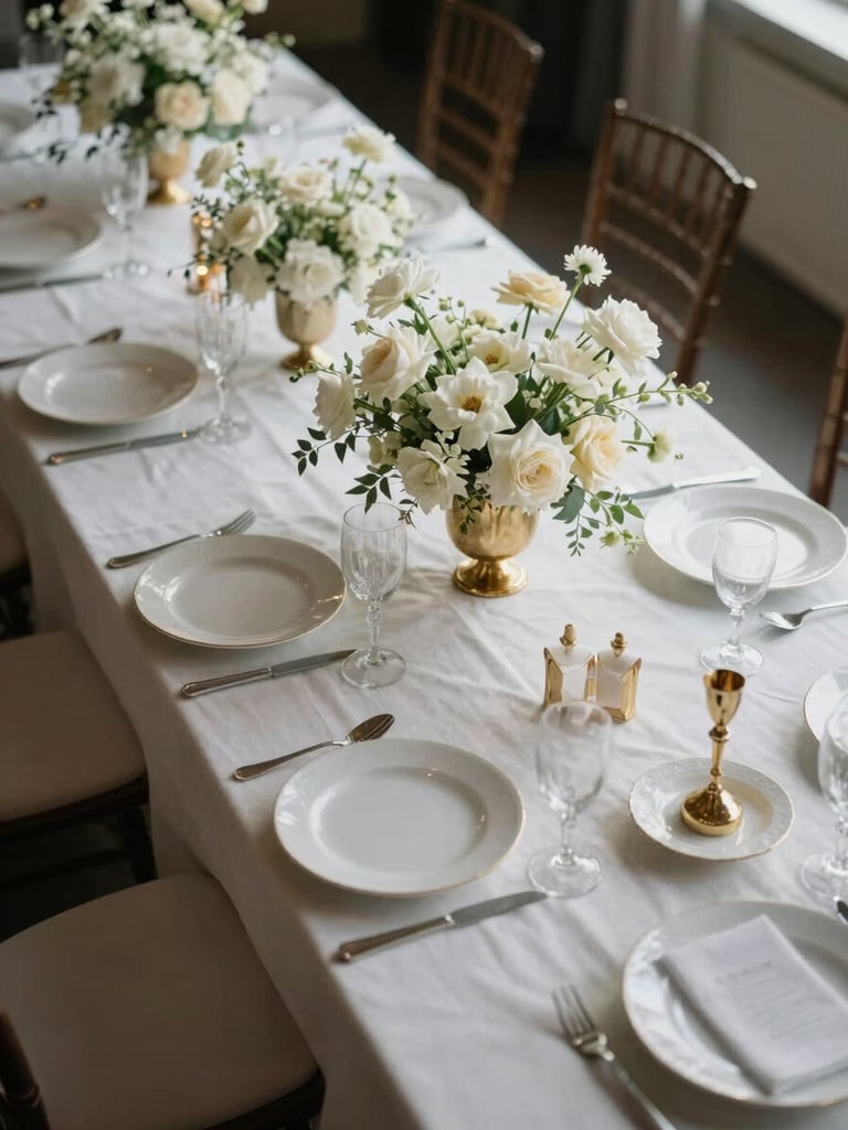 Overhead editorial study of a wedding reception table, white and ivory florals in tall gold vessels, fine china place settings on ivory linen, soft north-facing daylight, no people in frame