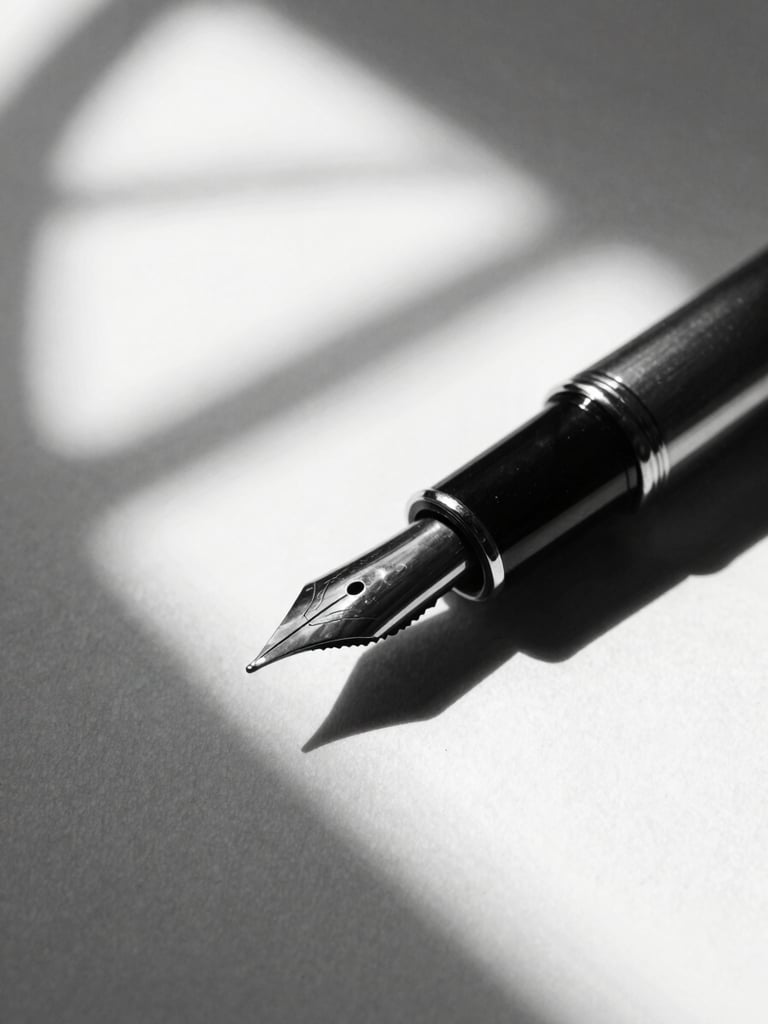 Extreme close-up of a classic fountain pen resting on heavy cotton paper, stark natural window light casting deep shadows, black and white, sharp focus