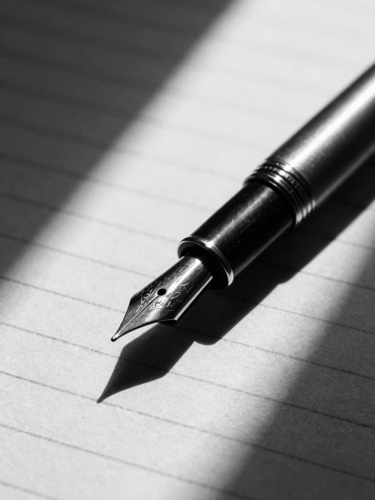 Extreme close-up of a high-quality fountain pen resting on heavy cotton legal document, stark directional window light, deep charcoal shadows, 35mm