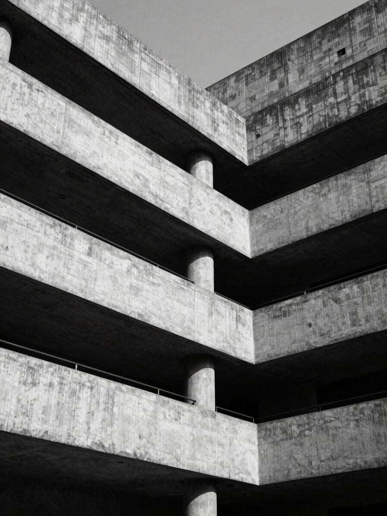 Low-angle stark monochrome shot of modern brutalist concrete court building in New Delhi, sharp geometric shadows, high-contrast directional light