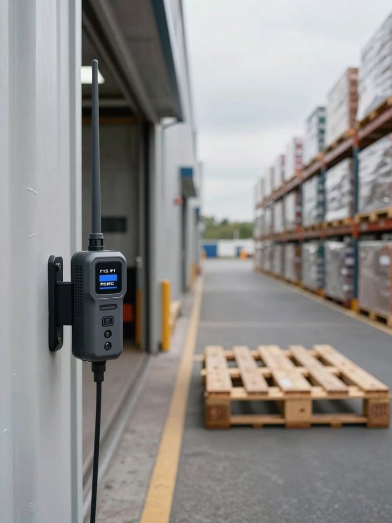 Wide environmental shot of an industrial RFID reader mounted at a warehouse dock door, scanning a pallet in motion — overcast daylight through loading bay, reader antenna in sharp focus, depth of field extending into a long corridor of racked inventory behind. No people, no smiles. Framing: left-third reader, right two-thirds receding depth.