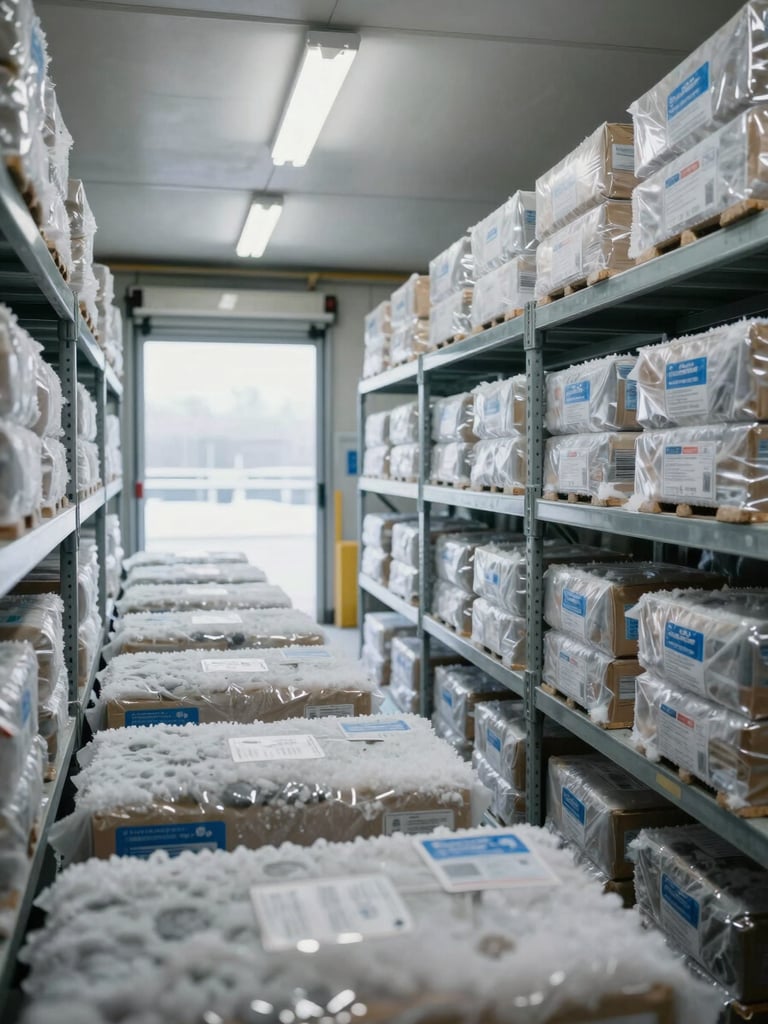Cold storage facility interior, rows of frozen product cartons on metal shelving under clinical fluorescent lighting, loading bay door partially open in background with daylight, frost-visible packaging labels in foreground