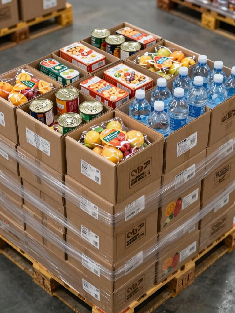 Close-up overhead shot of a commercial pallet loaded with tightly packed cardboard cases of mixed food products — fruits, canned tins, and bottled water — in a brightly lit warehouse, shot from a low angle showing case labels and stacking order, no people