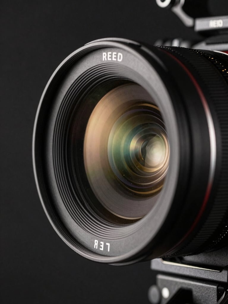 Extreme close-up of a high-end RED cinema camera lens, dramatic side-lighting casting deep shadows, reflecting a warm champagne-gold accent light, dark studio background.