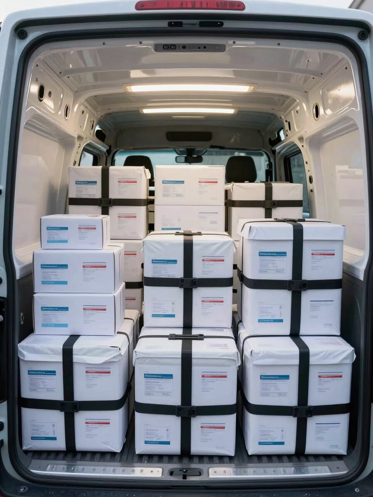 Interior of a cargo van cargo hold, wide environmental shot, sealed pharmaceutical cartons and specimen transport bins secured in labeled compartments with locking straps, bright overhead fluorescent lighting making every label and seal clearly visible, clean white van walls, no people in frame