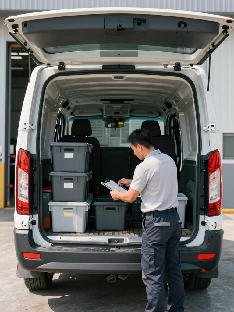 Wide environmental shot of a professional logistics driver conducting a pre-route vehicle check at the rear of a white cargo van, secured specimen transport bins visible in the cargo hold, overhead daylight illumination, loading dock in background, no faces shown