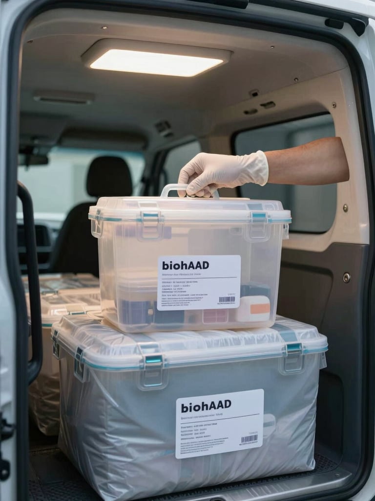 Close-up of a sealed specimen transport bin being loaded into a cargo van interior, bright overhead bay lighting, labeled biohazard packaging secured in padded slots, gloved hands visible verifying the seal, clinical and precise