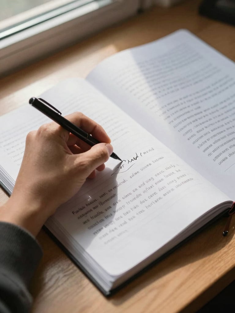 Close-up overhead shot of a student's hand writing in a notebook on a wooden desk, draft essay pages spread out beside it, warm north-facing window light raking across the paper, ink visible mid-stroke