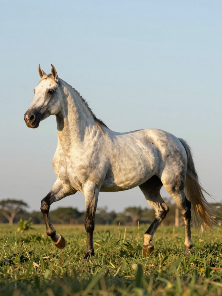 Wide side-profile bleed of a Mangalarga Marchador garanhão at full stride in a sun-drenched pasture, golden-hour light raking across his neck and hindquarters, deep green grass in the foreground, the horse filling two-thirds of the frame from left with open sky to the right — natural daylight, no artificial fill, coat texture fully visible
