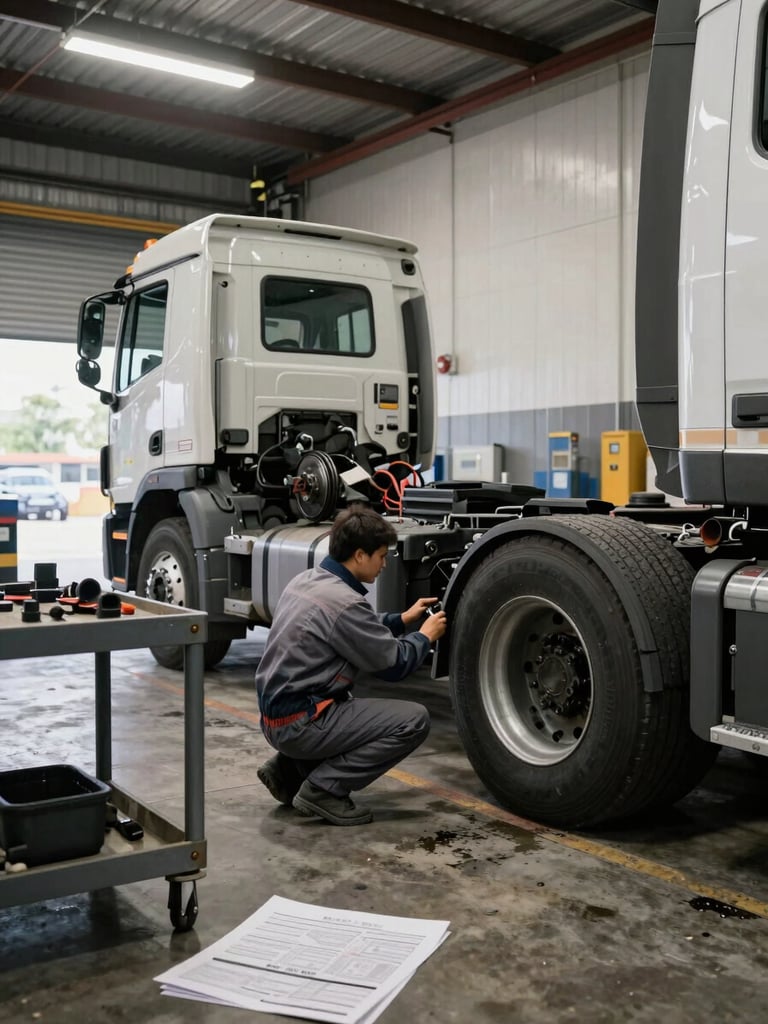 Medium-wide shot inside a commercial truck maintenance bay under warehouse fluorescent lighting—a technician in work coveralls crouches beside a semi-truck front axle checking brake components, a metal parts cart and printed inspection sheet visible in the foreground, concrete floor with oil stains, no glamour