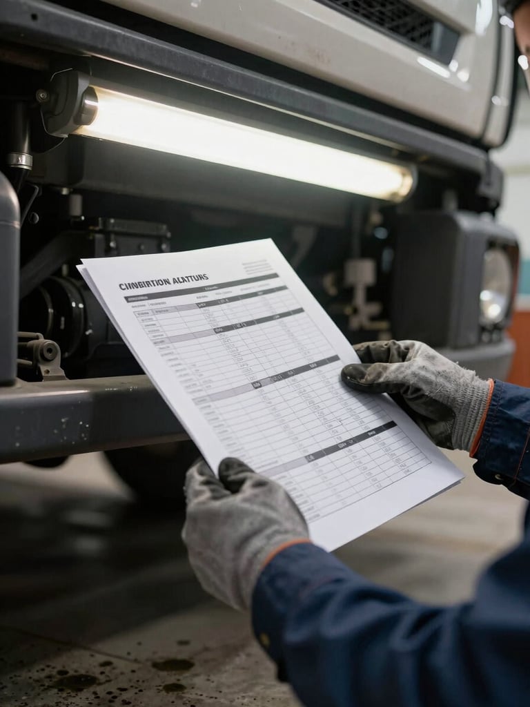 Close-up shot inside a maintenance bay, a technician's gloved hands holding a printed inspection sheet against the side of a truck chassis, fluorescent overhead light, grease-stained concrete floor at the bottom edge, shallow depth of field on the paperwork