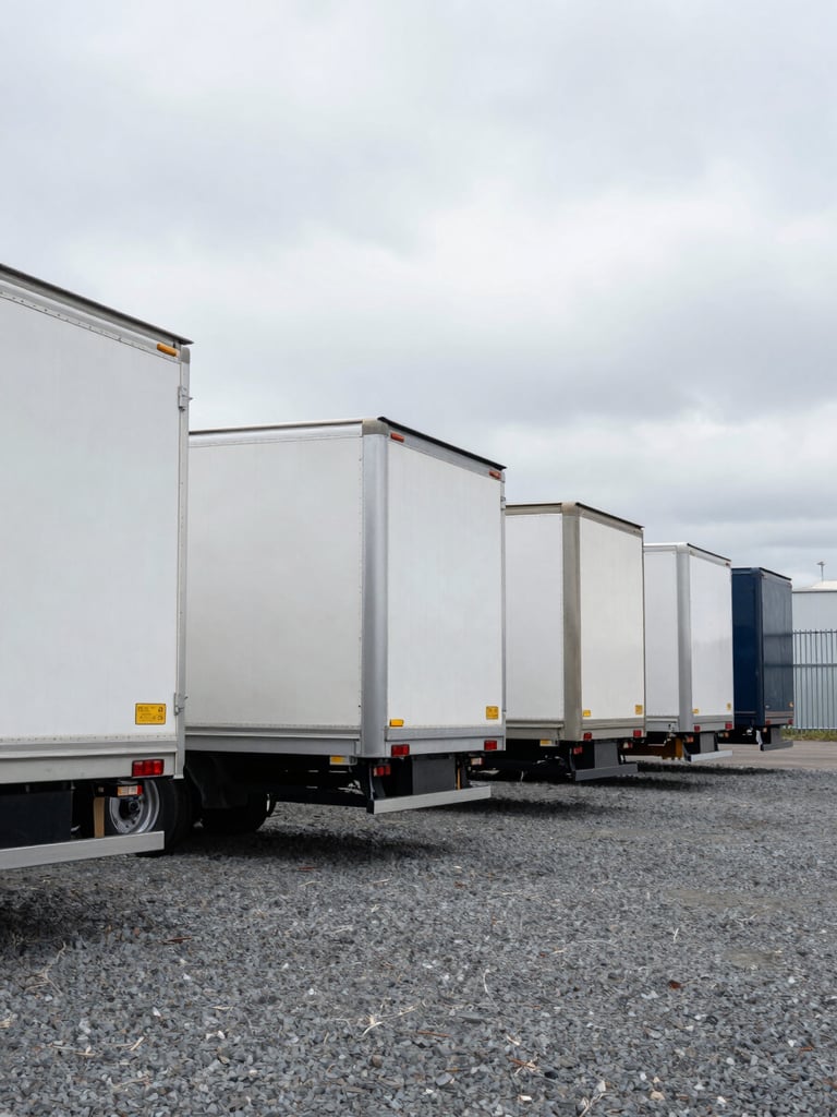 Wide environmental shot from ground level, a row of clean semi-trailers staged in a gravel yard under flat overcast daylight, trailers aligned and ready, no drivers present, steel and aluminum surfaces catching diffuse grey light, industrial fence visible at far edge