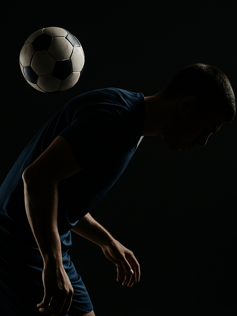 Wide studio shot from left edge, male football freestyler mid upper-body trick balancing ball on neck, torso angled forward, studio strobe side-lighting creating sharp shadow contrast on dark background, athletic kit visible from waist up, ball sharply in focus mid-air, no face visible — profile silhouette only