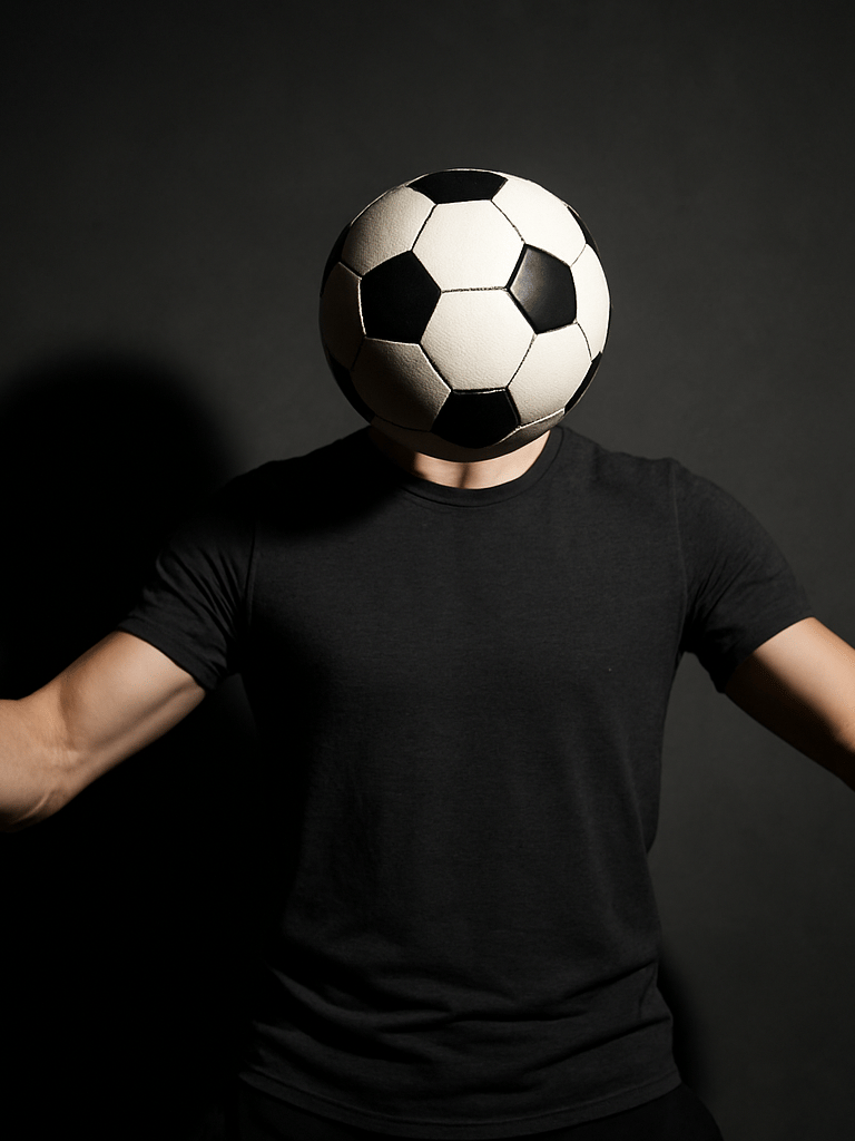 Wide studio shot, anonymous male football freestyler mid upper-body trick, arms extended, football suspended at chest height, studio strobe lighting from left casting sharp shadow on dark background, torso and hands in sharp focus, no face visible, high-contrast black and grey tones