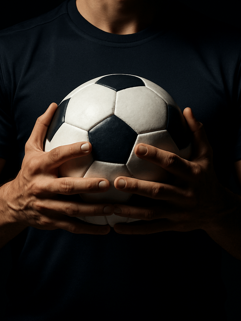 Extreme close-up of a male football freestyler's hands and upper torso, ball pinned between wrists at chest height, dark training kit, studio strobe lighting carving hard-edged shadow across arms and fingers, black background, no lower body, no face, crisp and sharp
