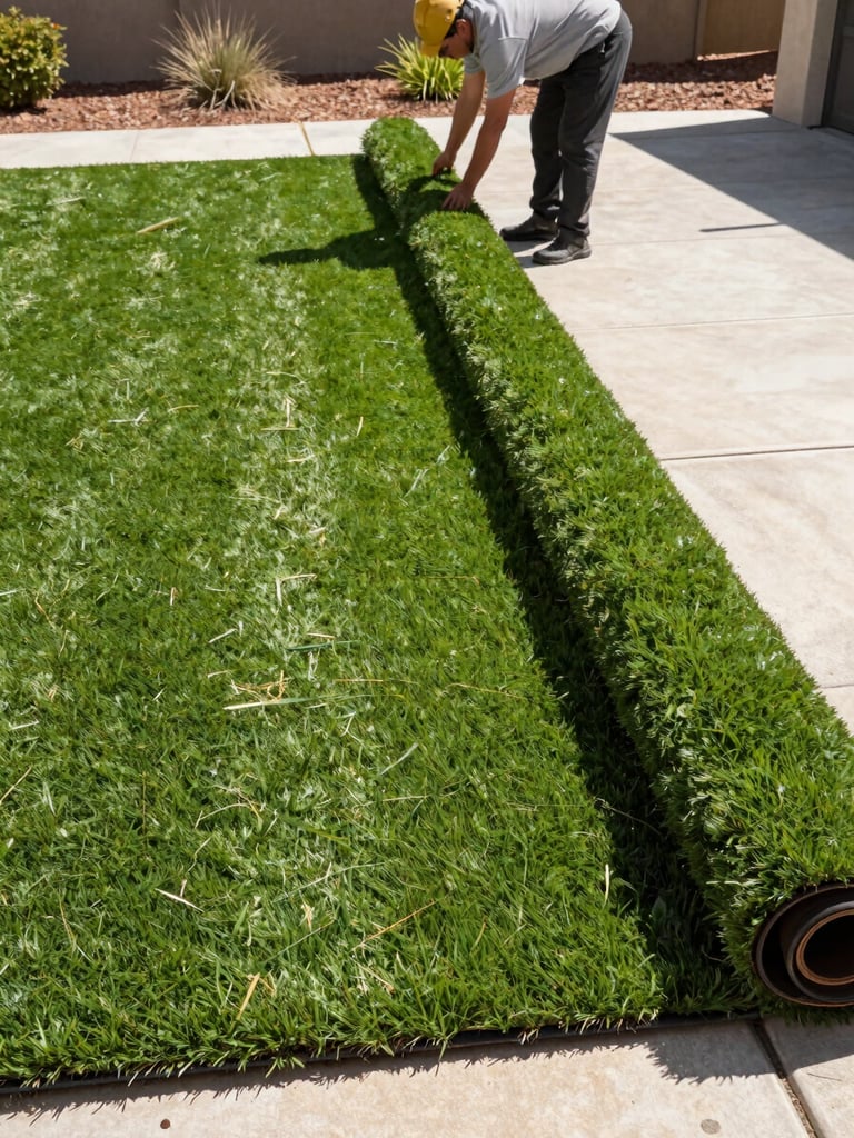 A professional landscape crew member carefully laying down realistic green turf over a prepared base in a Menifee backyard, bright warm sunlight, sharp focus