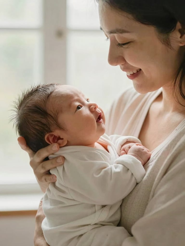 A smiling mother holding her newborn baby wrapped in a soft blanket, warm natural light filtering through a window, comforting atmosphere, close-up, shallow depth of field.