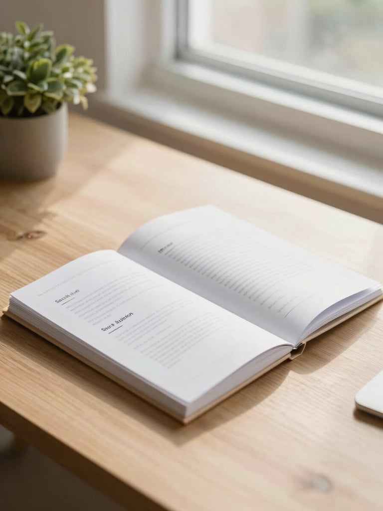 An organized folder of social reports on a clean wooden table, next to a small plant, soft warm daylight filtering through a window, professional and transparent atmosphere