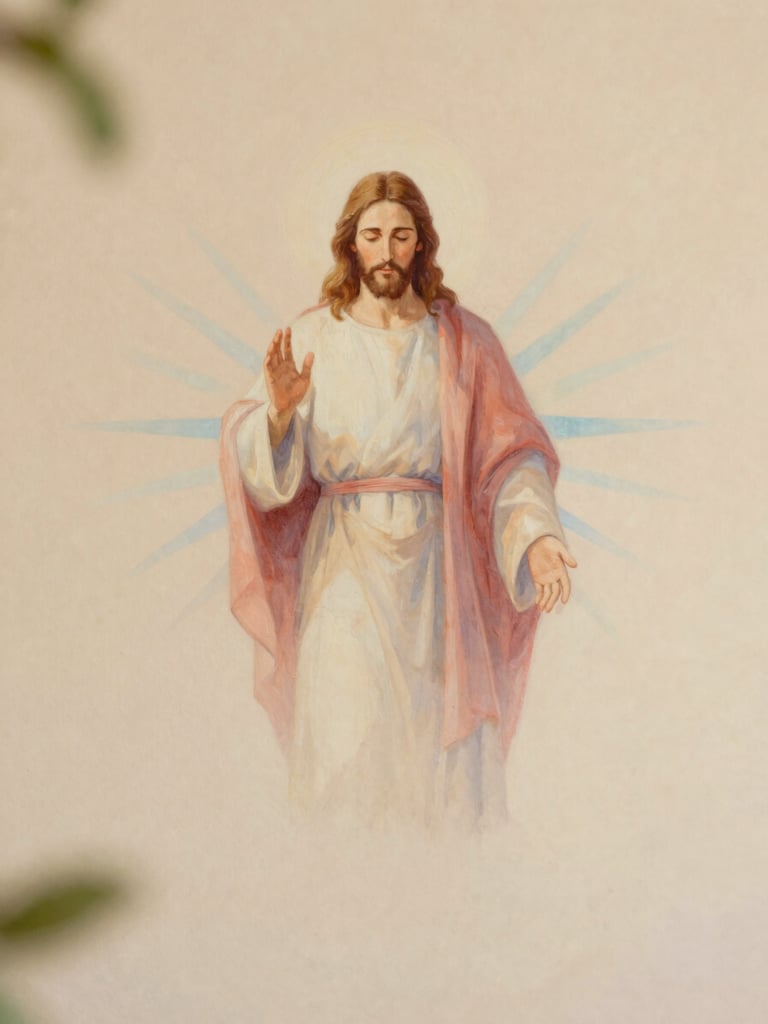 An elegant, artistic painting of Jesus the Merciful with soft red and blue light rays, integrated subtly on a warm beige background, soft natural daylight, comforting atmosphere, shallow depth of field, 35mm