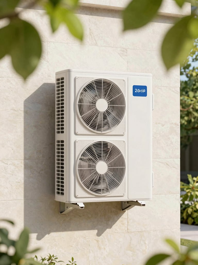 A wall-mounted exterior air conditioning condenser unit installed on a modern stone facade.