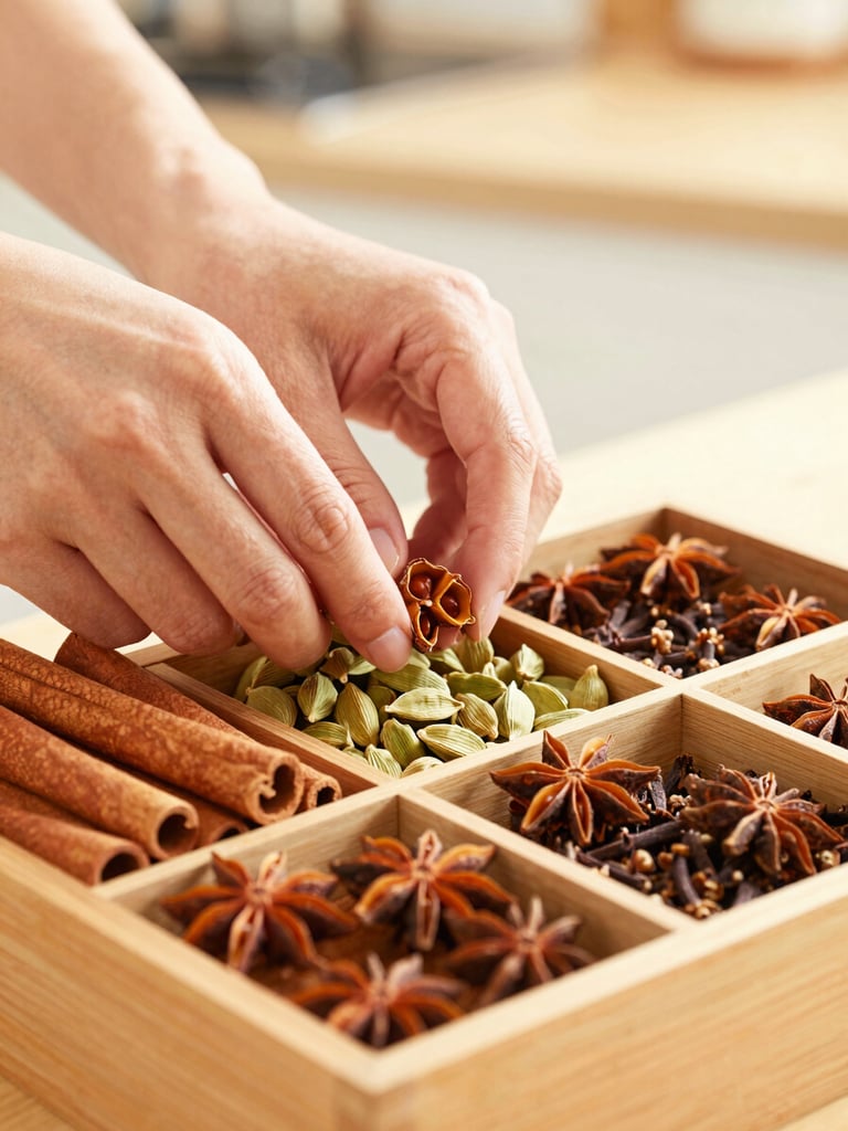 Hands arranging whole spices (cinnamon, cardamom, cloves, star anise) in a traditional wooden spice box, bright natural kitchen light, vibrant saturated colors, shallow depth of field.