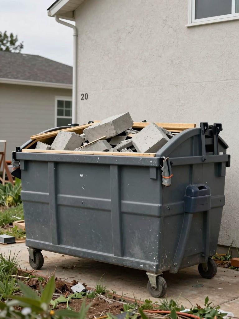 Environmental wide shot, natural overcast daylight, a loaded 20-yard dumpster sitting flush against the side of a residential property under renovation, broken concrete blocks and wood framing visible over the rim, a contractor's gloved hands gripping the top rail in the foreground, weedy yard and stucco wall as background detail